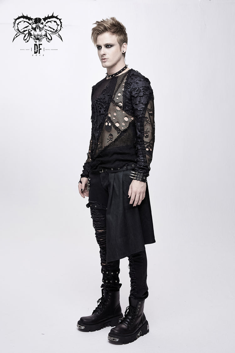 Black A Variety Of Mesh Materials Stitching Unedged Broken Holes Round Collar Men's Punk T-Shirt - Product - 3
