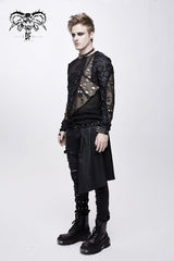 Black A Variety Of Mesh Materials Stitching Unedged Broken Holes Round Collar Men's Punk T-Shirt - Product - 3