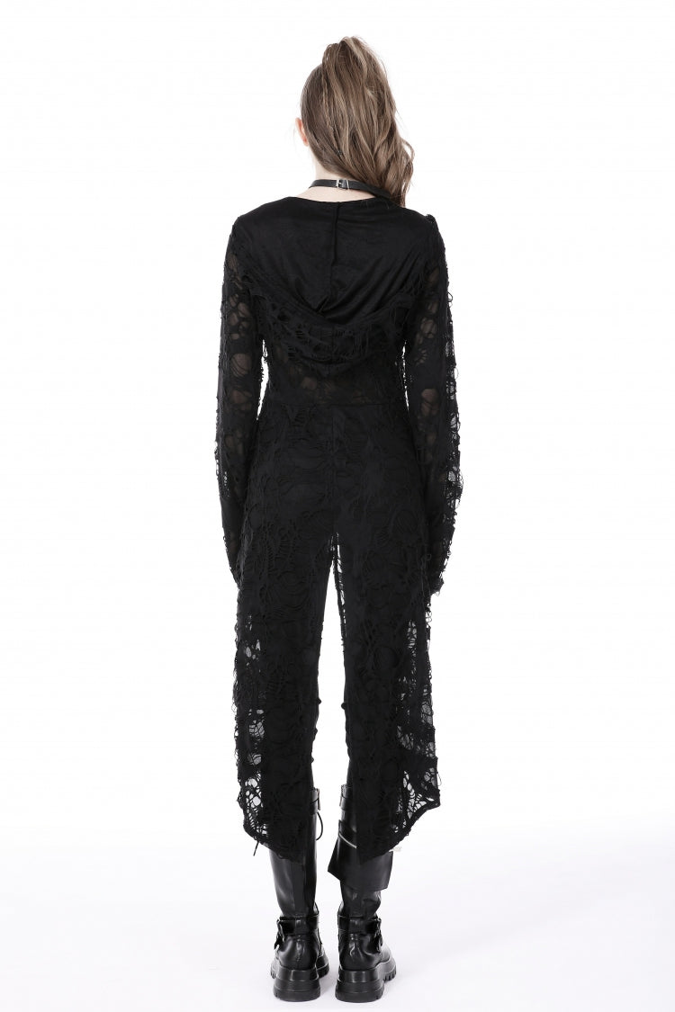 Black Long Sleeves Split Ripped Zippered Women's Punk Long Coat with Hood - Product - 11