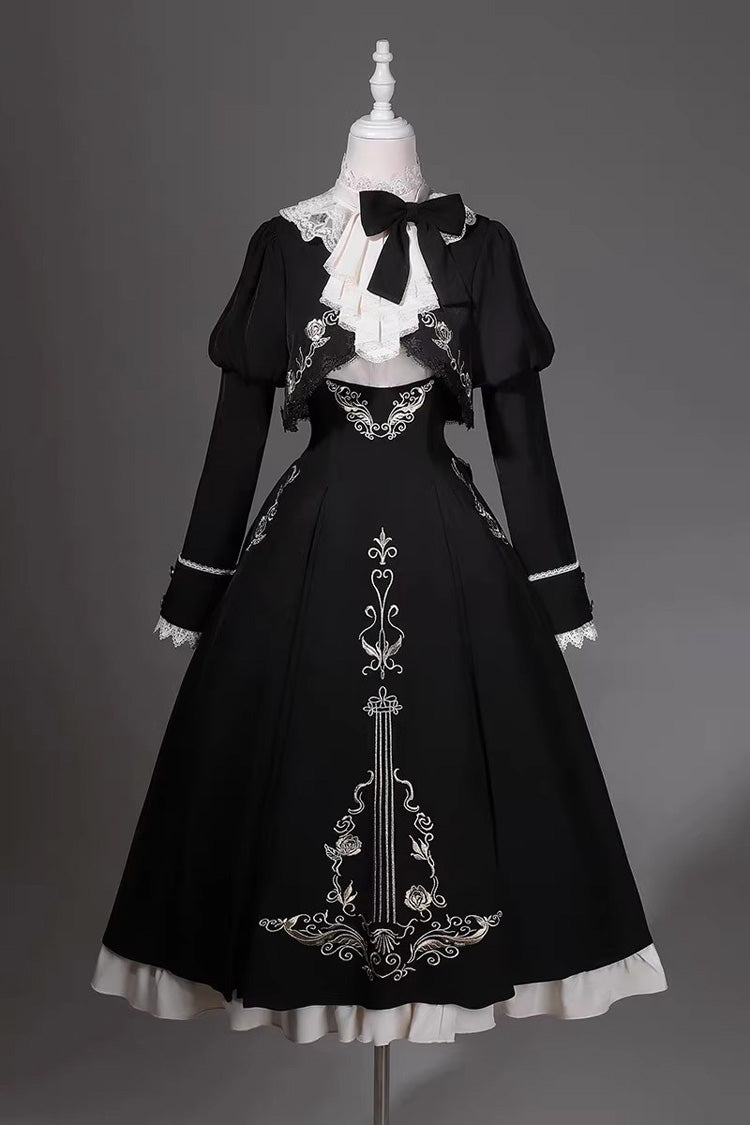Black/White [Violin Variations] Ruffled Embroidered Gothic Lolita Jumper Dress Set - Product - 4