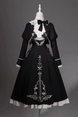 Black/White [Violin Variations] Ruffled Embroidered Gothic Lolita Jumper Dress Set - Product - 4
