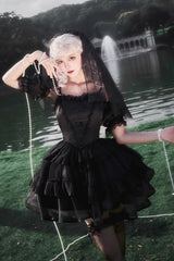 Black Twin Ivory Towers Ruffle Gothic Lolita Drawstring Jsk - Black - 1