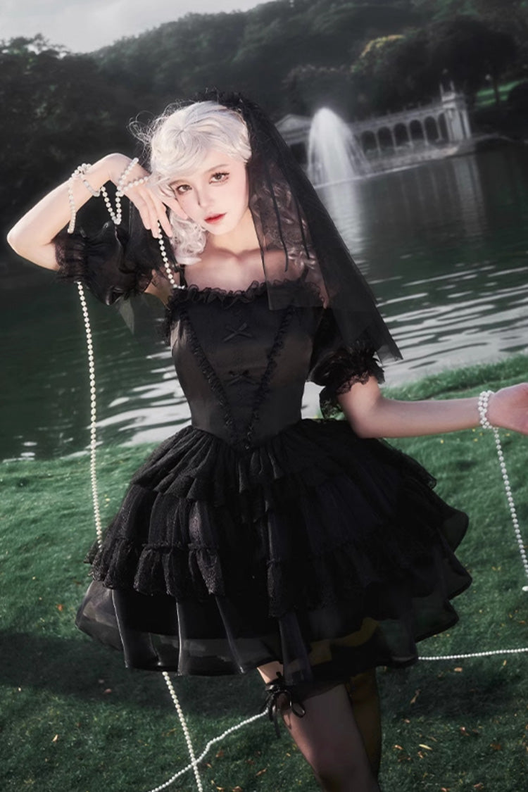 Black Twin Ivory Towers Ruffle Gothic Lolita Drawstring Jsk - Black - 1
