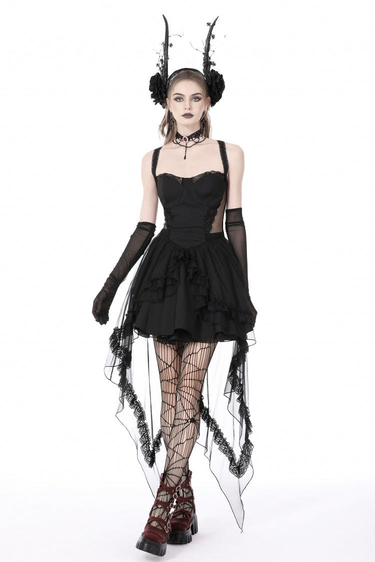 Black Sleeveless Lace-Up Layered Swallowtail Lace Women's Gothic Wedding Dress - Black - 1