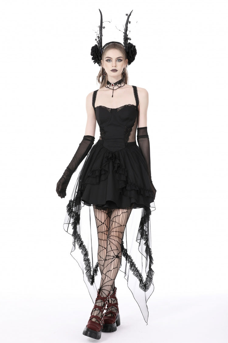 Black Sleeveless Lace-Up Layered Swallowtail Lace Women's Gothic Wedding Dress - Black - 1
