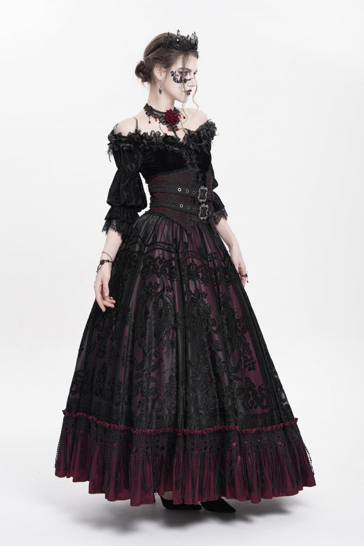 Red Jacquard Embroidery Buckle Tassels Women's Gothic Long Skirt - Red - 1