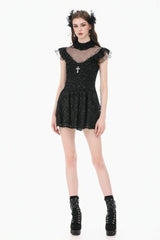 Black Ruffled Mock Neck Floral Cross Lace Splice Sheer Mesh Sleeveless Lace-Up Women's Gothic Dress - Product - 8