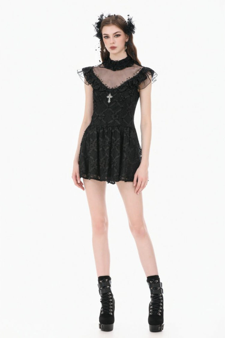 Black Ruffled Mock Neck Floral Cross Lace Splice Sheer Mesh Sleeveless Lace-Up Women's Gothic Dress - Product - 8