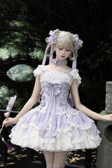 Purple [Floral Dream] Short Sleeves Multi-Layered Ruffle Embroidery Bowknot Lace-Up Sweet Elegant Ballet Lolita Jsk Dress - Product - 2