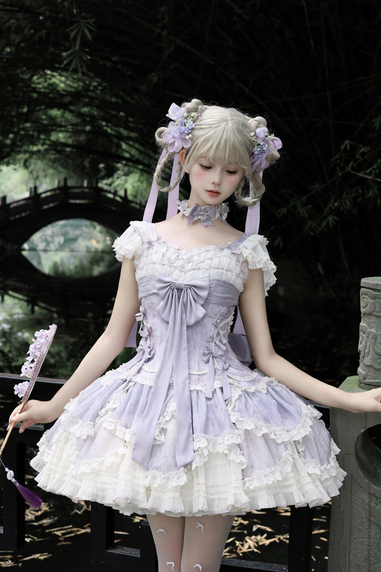 Purple [Floral Dream] Short Sleeves Multi-Layered Ruffle Embroidery Bowknot Lace-Up Sweet Elegant Ballet Lolita Jsk Dress - Product - 2
