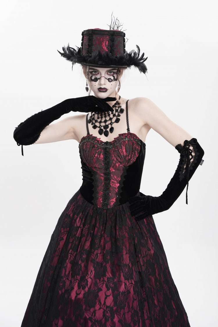 Red Jacquard Embroidery Floral Beaded Women's Gothic Long Slip Dress - Product - 9