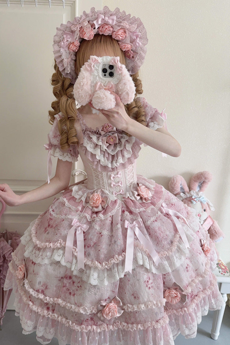 Pink [Rose Manor] Short Puff Sleeves Ruffle Bowknot Lace Sweet Japanese Princess Lolita Dress - Product - 6