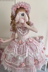 Pink [Rose Manor] Short Puff Sleeves Ruffle Bowknot Lace Sweet Japanese Princess Lolita Dress - Product - 6