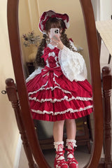 [Grisha] Sleeveless Triple-Layered Ruffle Cardigan Bowknot Lace Sweet Plus Size Lolita Jsk Dress 3 Colors - Product - 19