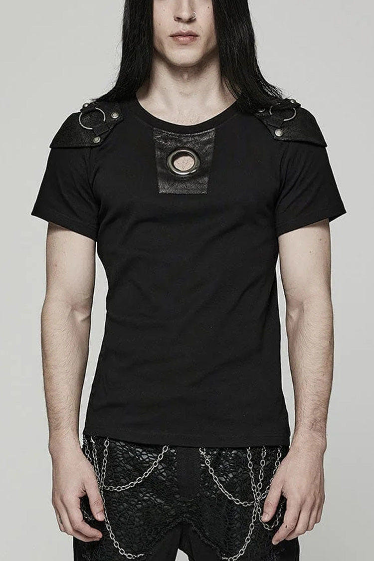 Black Short Sleeves Detachable Shoulder Pad Hollow Mens Steampunk T-Shirt - Black - 1