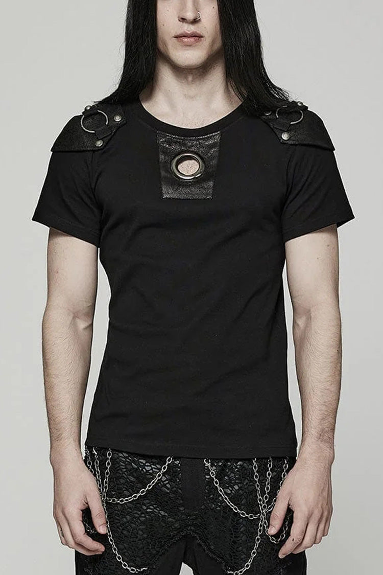 Black Short Sleeves Detachable Shoulder Pad Hollow Mens Steampunk T-Shirt - Black - 1