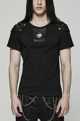 Black Short Sleeves Detachable Shoulder Pad Hollow Mens Steampunk T-Shirt - Black - 1