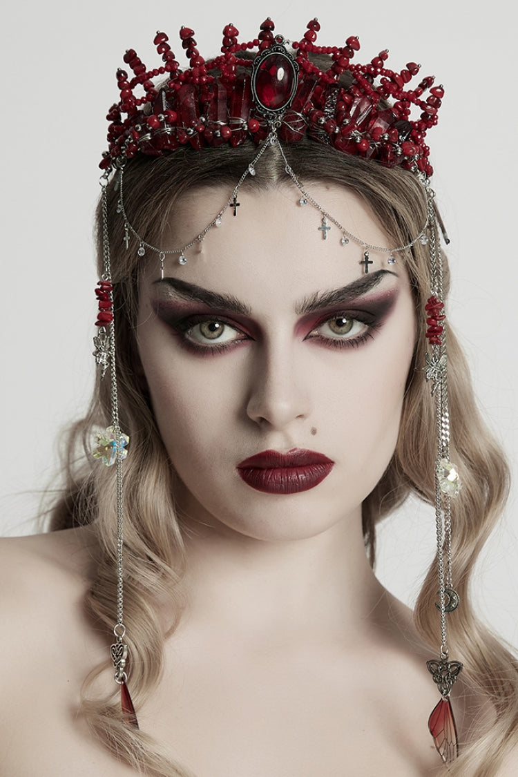 Red Irregular Women's Gothic Crystal Cross Headwear - Red - 1