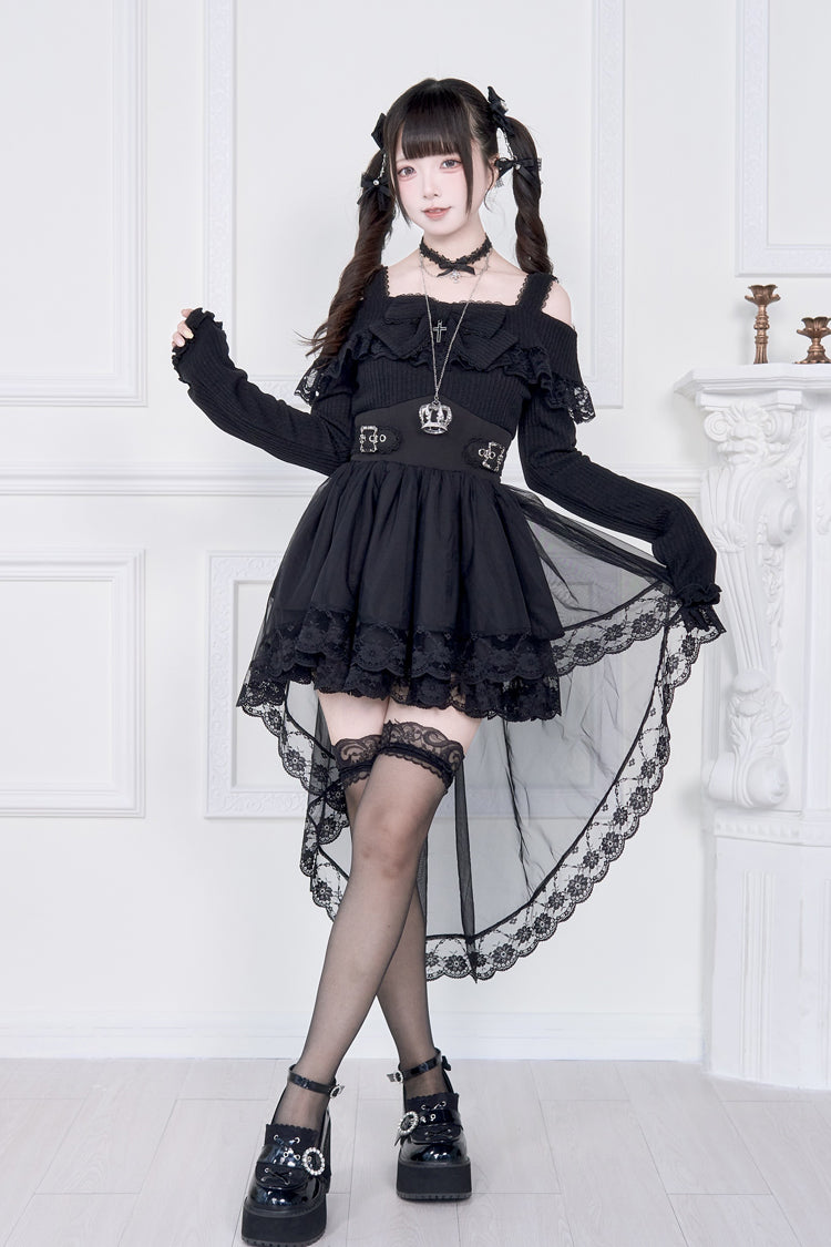Jirai Kei Fake Two Pieces Off Shoulder Long Sleeves Ruffle Bowknot Lace Gothic Dress 2 Colors - Product - 5
