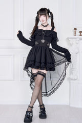 Jirai Kei Fake Two Pieces Off Shoulder Long Sleeves Ruffle Bowknot Lace Gothic Dress 2 Colors - Product - 5