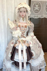 Brown [Baker Street Tea Party] Short Sleeves High Waisted Print Ruffle Embroidery Cardigan Bowknot Lace-Up Classic Vintage Princess Lolita Dress - Brown - 1