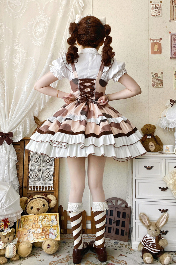 Brown [Calico Cat] Sleeveless Triple-Layered Printed Ruffled Bow Plush Sweet Lolita Jsk Dress - Product - 2