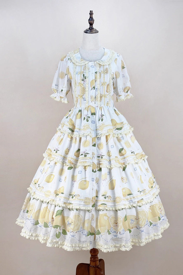 White [Lemon Chicken] Short Sleeves Triple-Layered Print Ruffle Bowknot Lace Sweet Gorgeous Lolita Dress - Product - 3