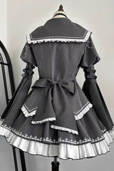 Grey Long Hime Sleeves Ruffle Embroidery Buckle Gothic Japanese Lolita Skirt Set - Product - 3
