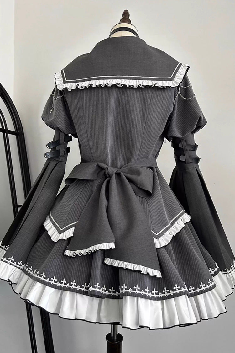 Grey Long Hime Sleeves Ruffle Embroidery Buckle Gothic Japanese Lolita Skirt Set - Product - 3