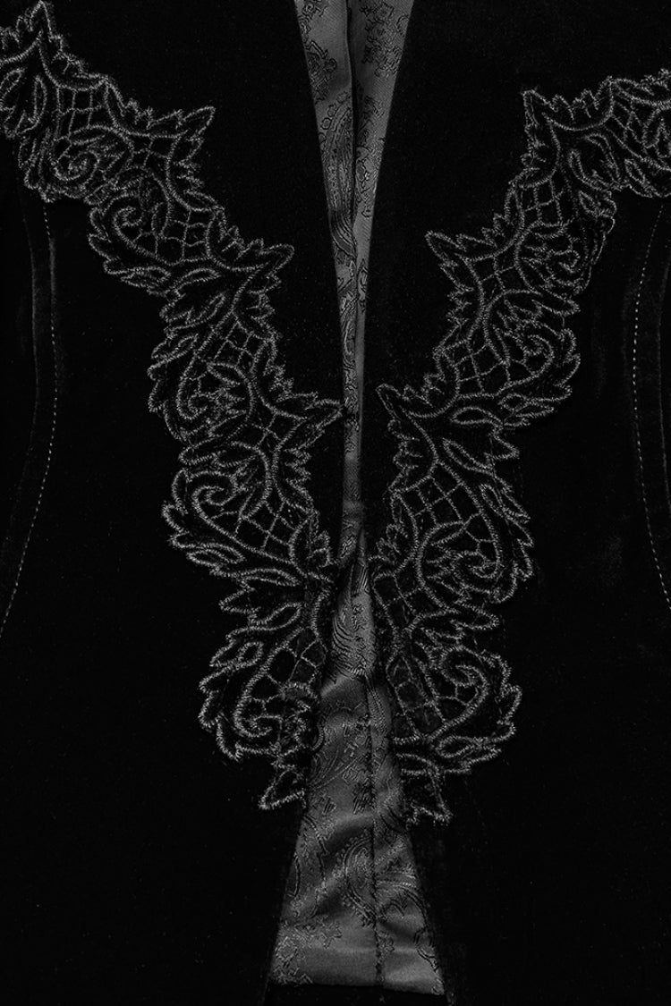Black V Collar Long Sleeves Floral Embroidery Lace-Up Women's Gothic Jacket - Product - 5