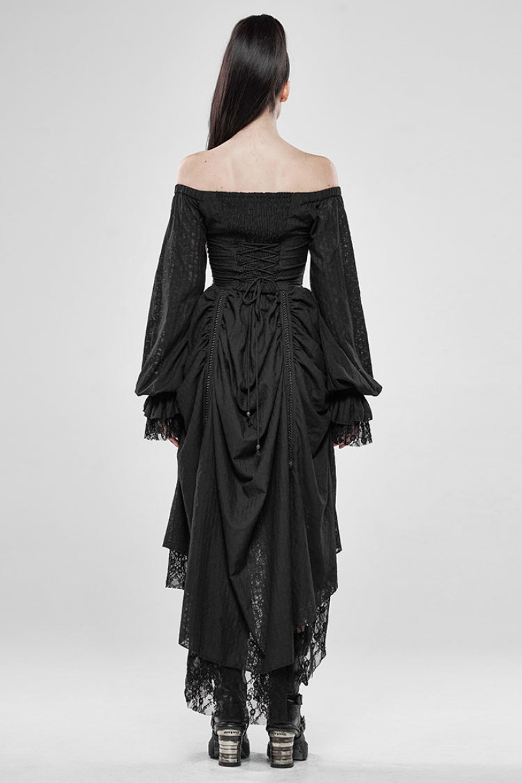 Black Off Shoulder Long Puff Sleeves Ruffle Mesh Women's Gothic Dress - Product - 3