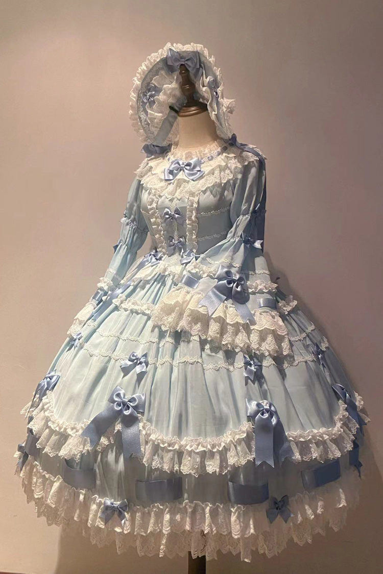 Blue Round Collar Long Trumpet Sleeves Hanayome Bowknot Lace Daily Sweet Elegant Princess Lolita Dress - Product - 2