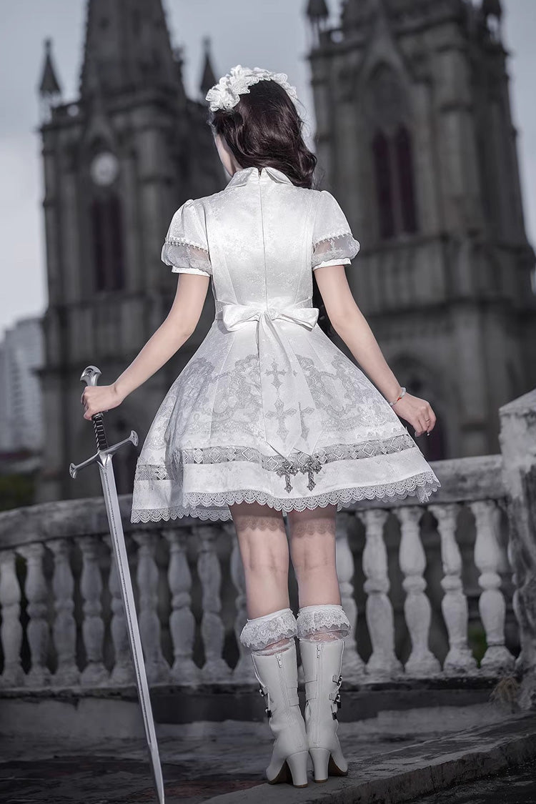 White Lapel Collar Short Sleeves Printed Ruffled Lace Classic Gothic Elegant Lolita Dress - Product - 6