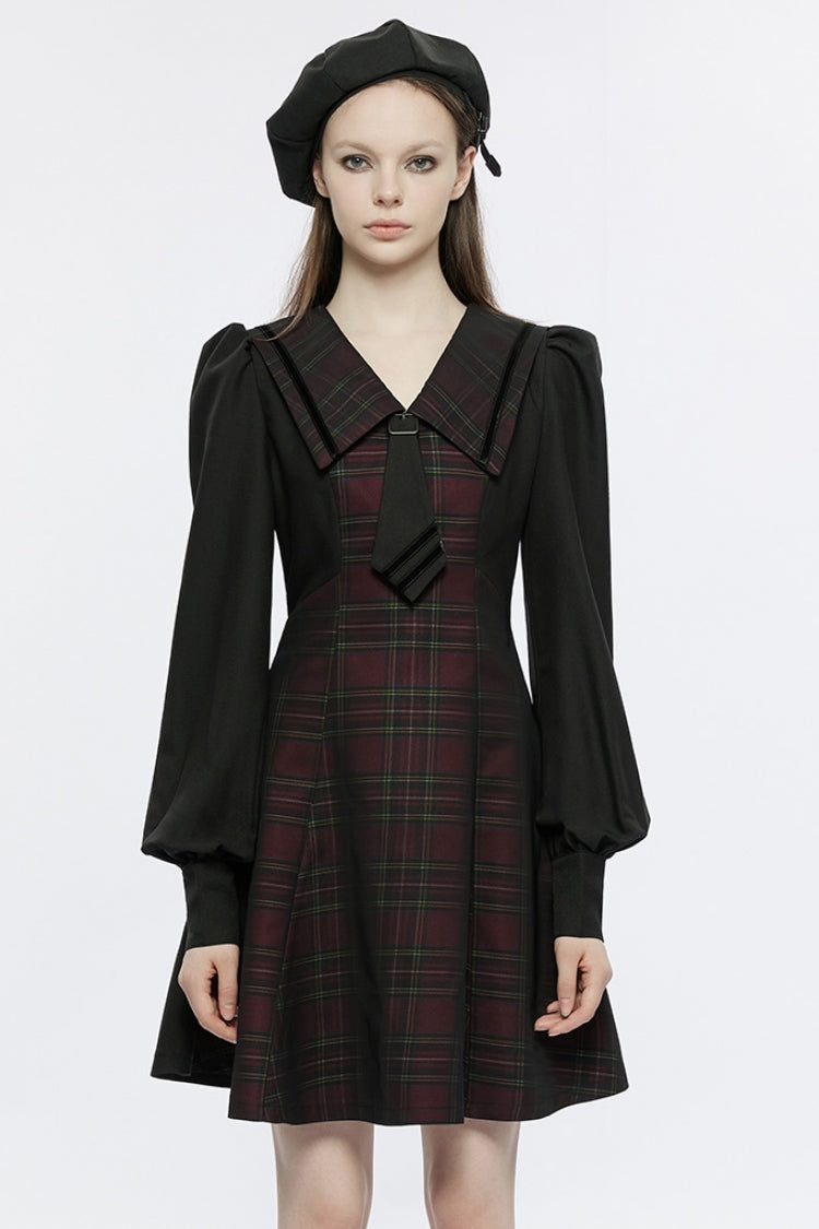 Black/Red Long Lantern Sleeves Plaid Print Detachable Lace-Up Women's Punk College Style Dress - Black - 1