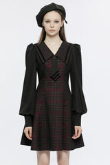 Black/Red Long Lantern Sleeves Plaid Print Detachable Lace-Up Women's Punk College Style Dress - Black - 1
