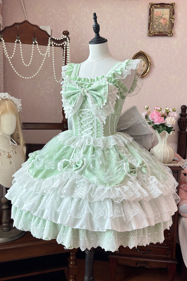 Green Sleeveless Triple-Layered Ruffle Embroidery Bowknot Lace-Up Pearl Sweet Plus Size Lolita Jsk Dress - Product - 3