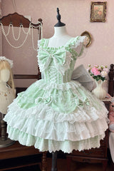 Green Sleeveless Triple-Layered Ruffle Embroidery Bowknot Lace-Up Pearl Sweet Plus Size Lolita Jsk Dress - Product - 3
