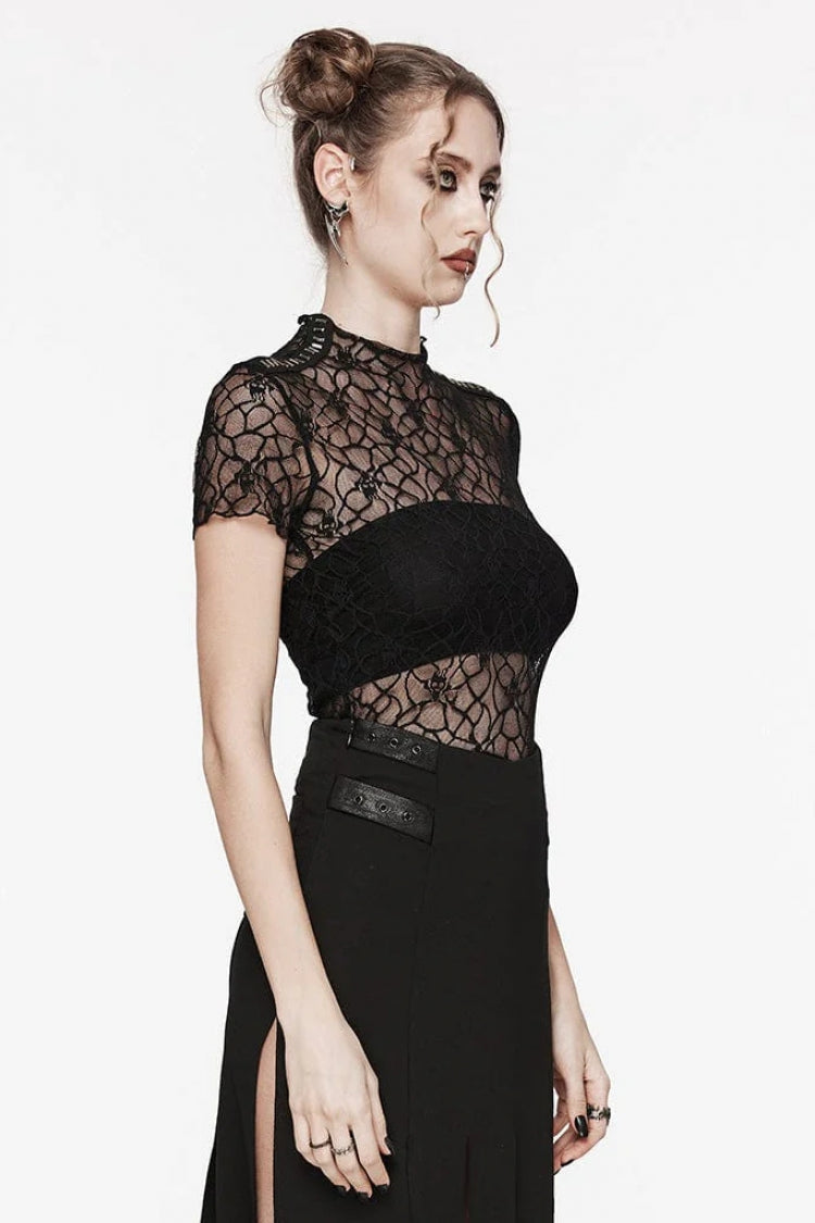 Black Round Collar Short Sleeves Hollow Mesh Women's Gothic Top - Product - 2