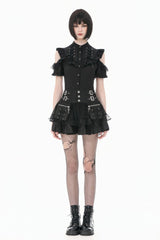 Black Mandarin Collar Cold‑Shoulder Puff Sleeves Ruffled Cut-Out Lace-Up Women's Gothic Blouse - Product - 5