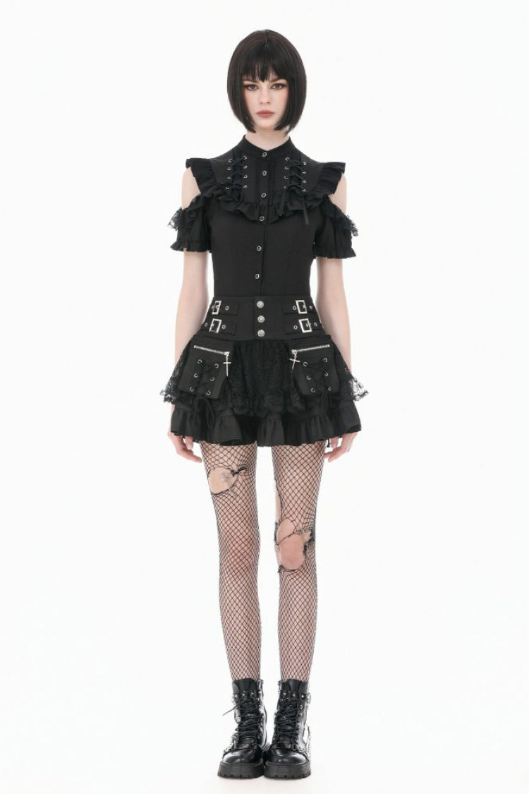 Black Mandarin Collar Cold‑Shoulder Puff Sleeves Ruffled Cut-Out Lace-Up Women's Gothic Blouse - Product - 5