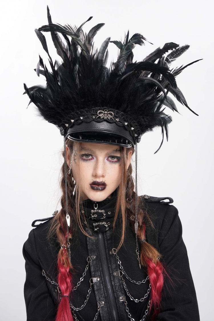 Black Women's Punk Cool Skull Plumed Chain Hat - Product - 7