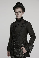 Black Lapel Collar Long Sleeves Frog Jacquard Embroidery Men's Gothic Coat - Product - 2