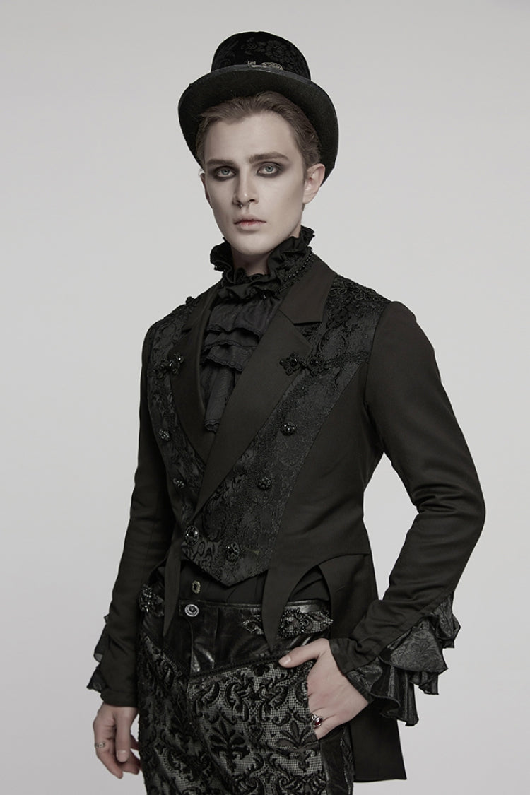 Black Lapel Collar Long Sleeves Frog Jacquard Embroidery Men's Gothic Coat - Product - 2