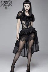 Black Bubble Sleeve Vertical Flower Lace Chest Cross Lace Up Women's Gothic T-Shirt - Product - 3