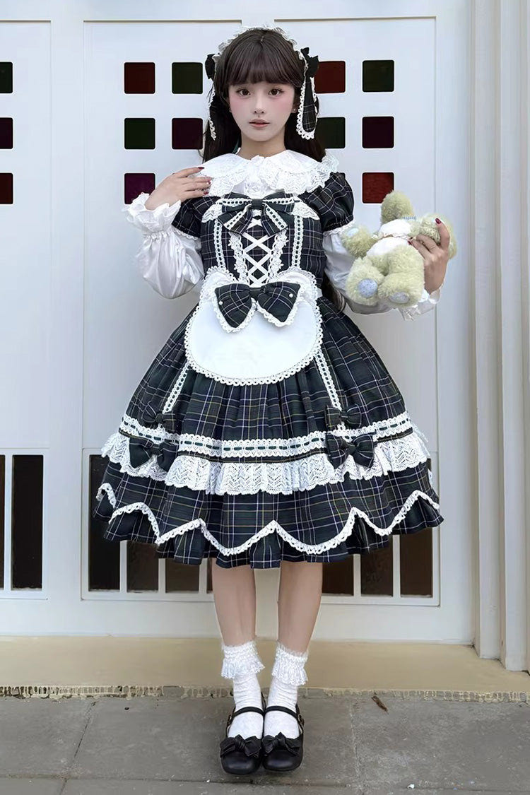 Green [Gingham Petal Bunny] Short Sleeves Printed Ruffled Bow Sweet Lolita OP Dress - Product - 8