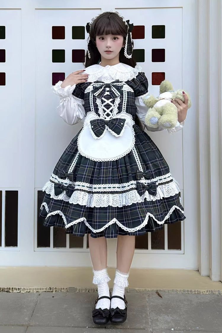 Green [Gingham Petal Bunny] Short Sleeves Printed Ruffled Bow Sweet Lolita OP Dress - Product - 8