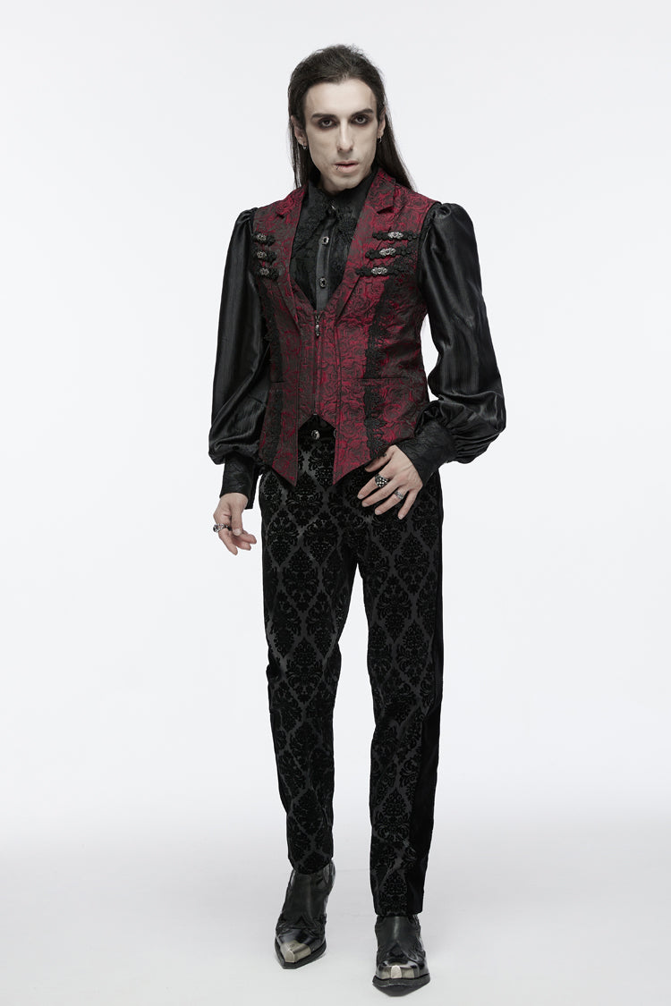 Red Sleeveless Jacquard Buckle Zip Men's Gothic Waistcoat - Product - 4