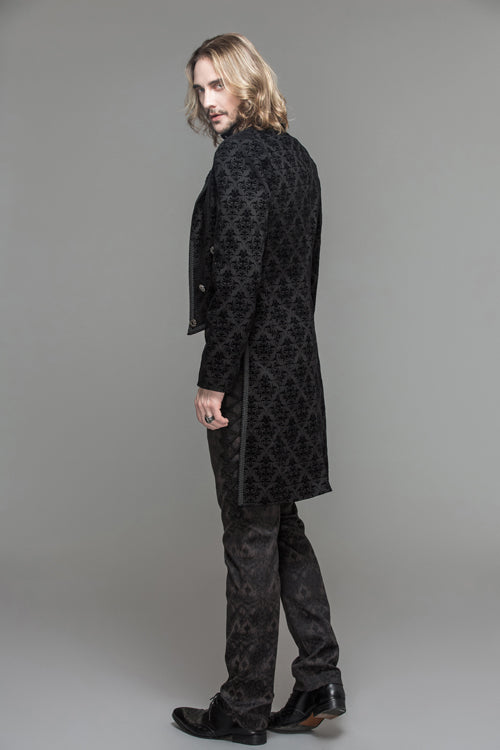Black Gothic Floral Patterned Flocking Short Front And Long Back Open Mens Coat - Product - 2