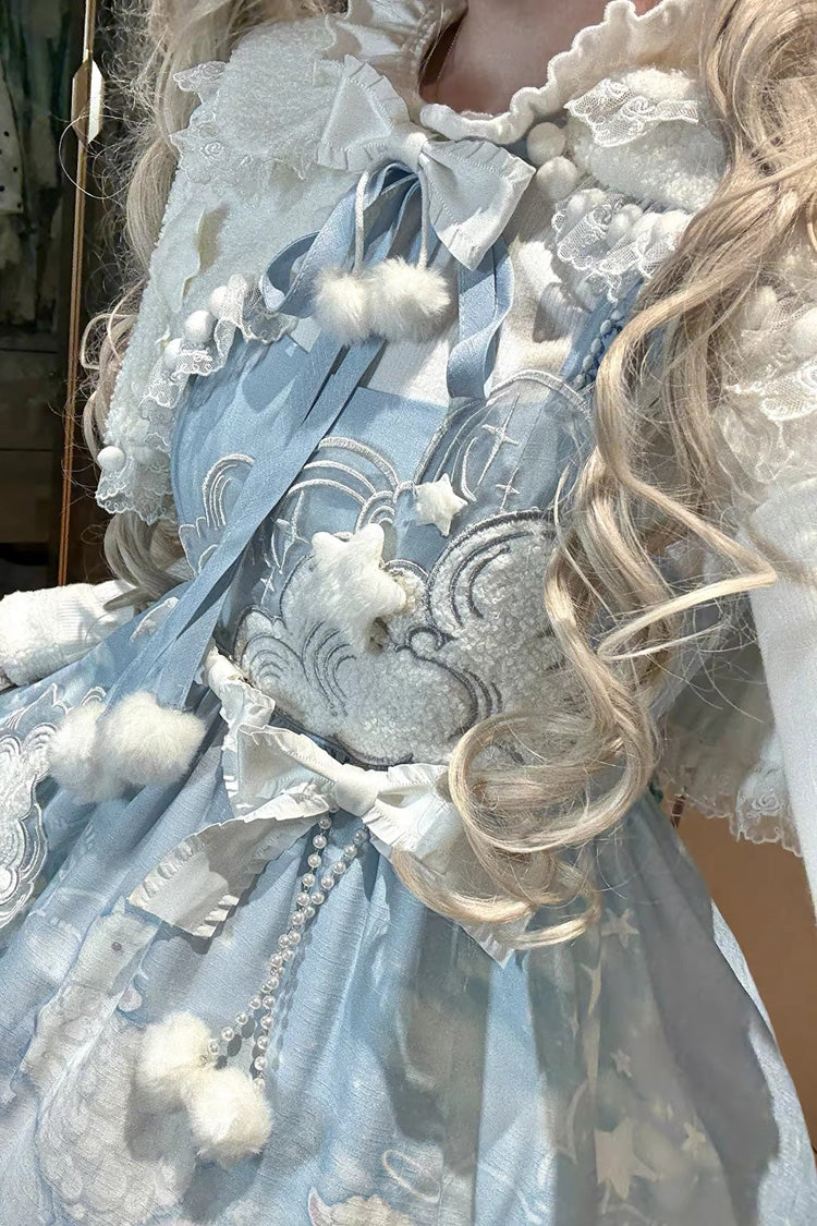 Blue [Cloud Dreamland] Cut-Out Embroidered Bow Lace Asymmetric Sweet Elegant Lolita Jsk Dress Set - Product - 4