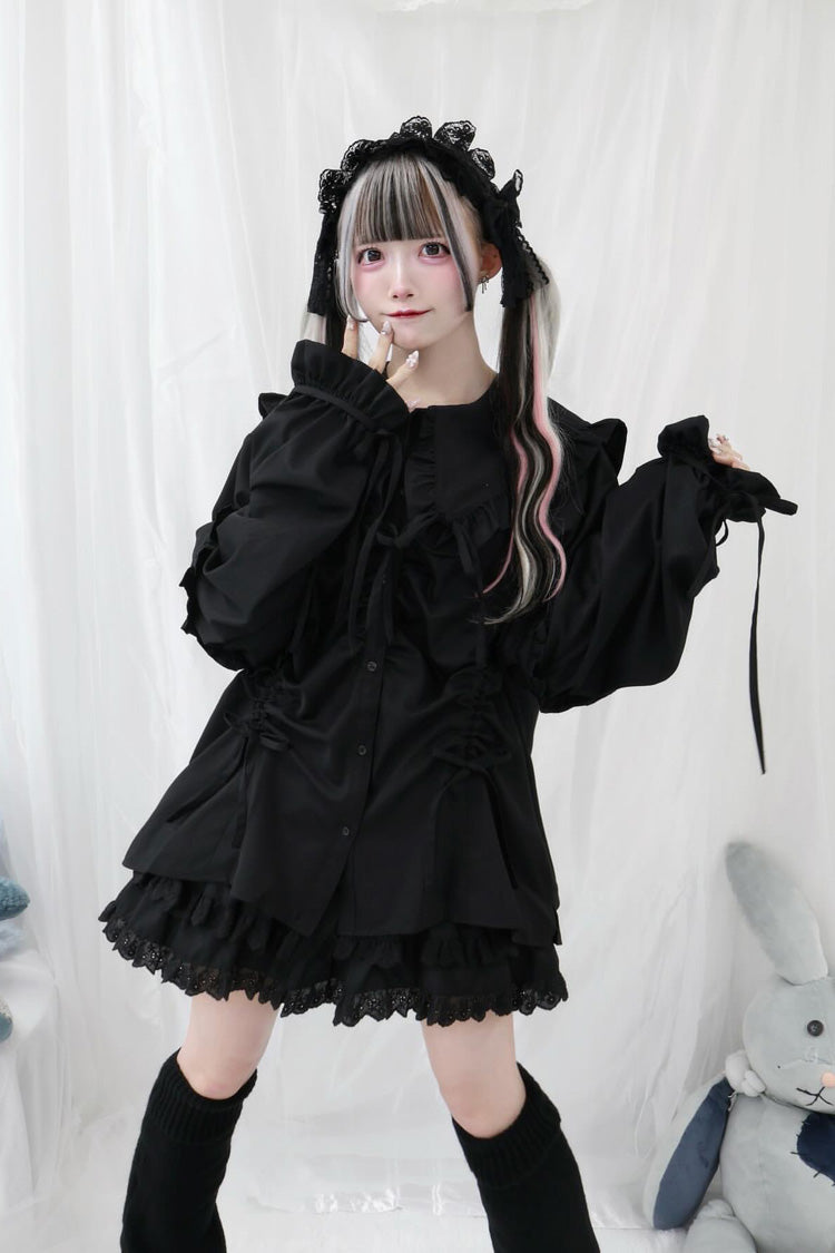 Doll Collar Long Sleeves Ruffle Bowknot Sweet Jirai Kei Japanese Blouse 3 Colors - Product - 18